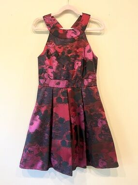 GB girls Plum and Black Floral Halter Fit-and-Flare Dress